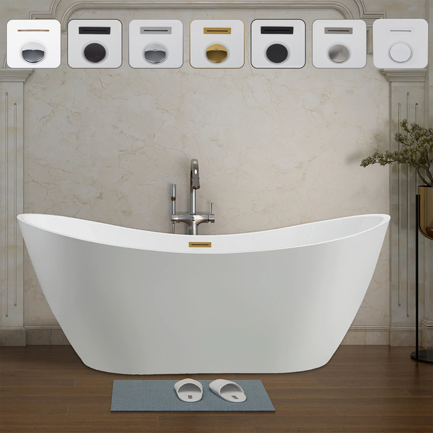 Vanity Art 71" W x 28" H White Acrylic Freestanding Bathtub With Titanium Gold Pop-up Drain, Slotted Overflow and Flexible Drain Hose