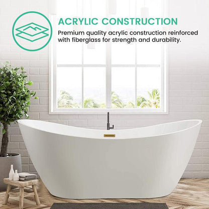 Vanity Art 71" W x 28" H White Acrylic Freestanding Bathtub With Titanium Gold Pop-up Drain, Slotted Overflow and Flexible Drain Hose