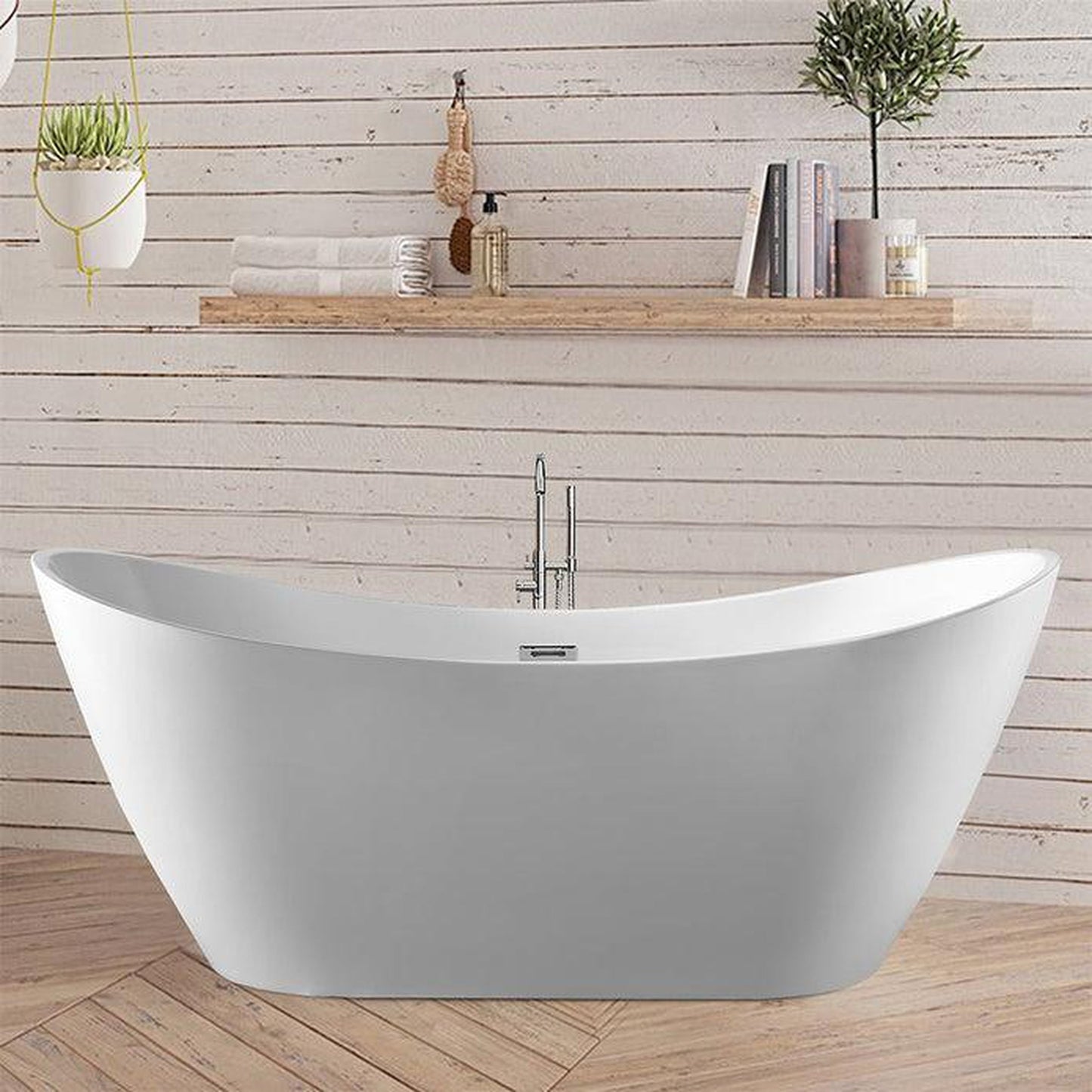 Vanity Art 71" W x 28" H White Acrylic Modern Stand Alone Soaking Tub With Polished Chrome Slotted Overflow and Pop-up Drain