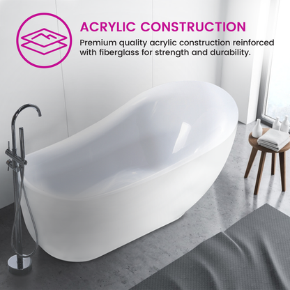 Vanity Art 71" x 35" White Acrylic Freestanding Bathtub With Polished Chrome Pop-up Drain and Flexible Drain Hose