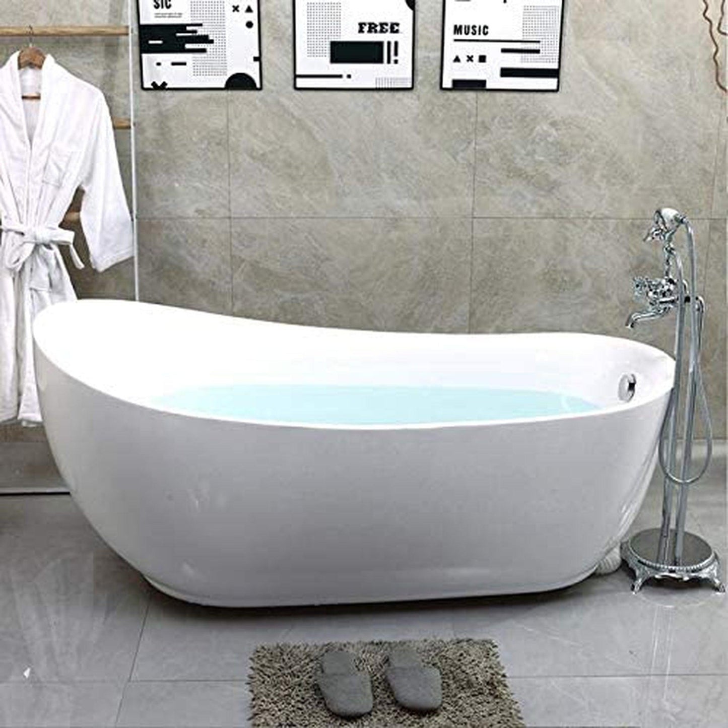 Vanity Art 71" x 35" White Acrylic Freestanding Bathtub With Polished Chrome Pop-up Drain and Flexible Drain Hose