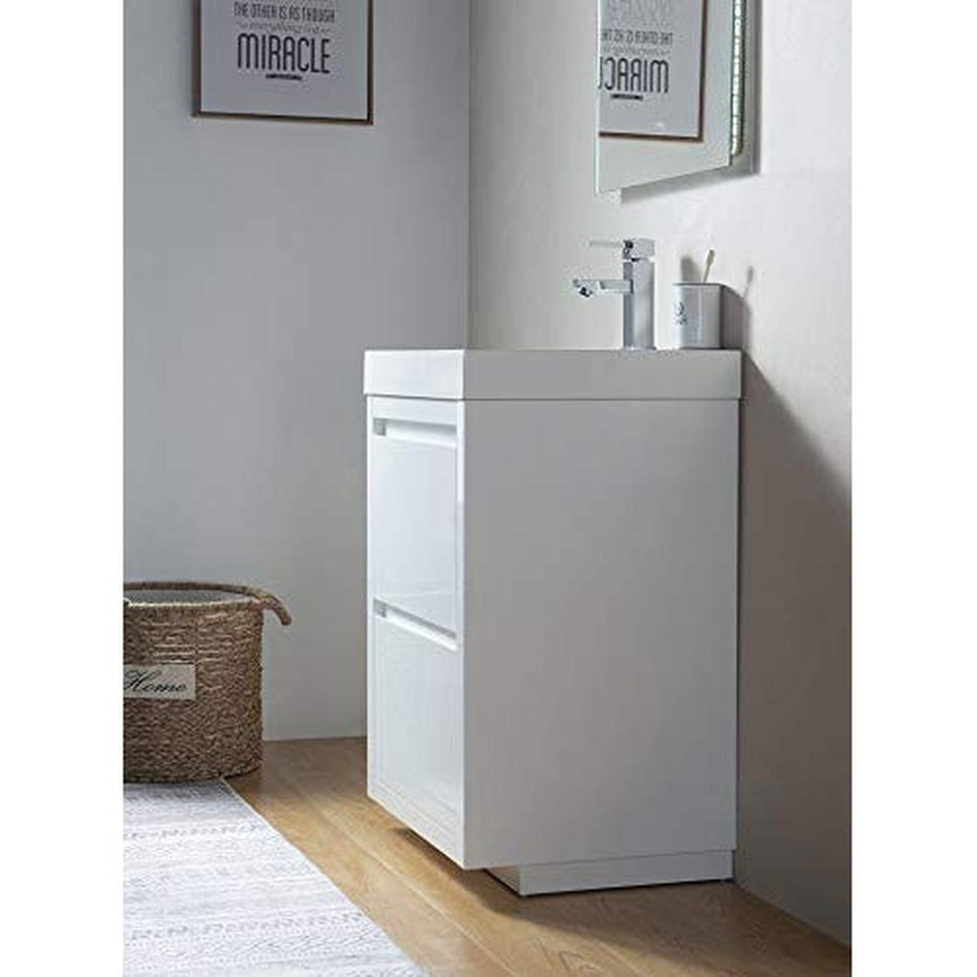 Vanity Art Annecy 24" Glossy White Floor Standing Vanity Set With White Engineered Stone Top and Integrated Single Sink