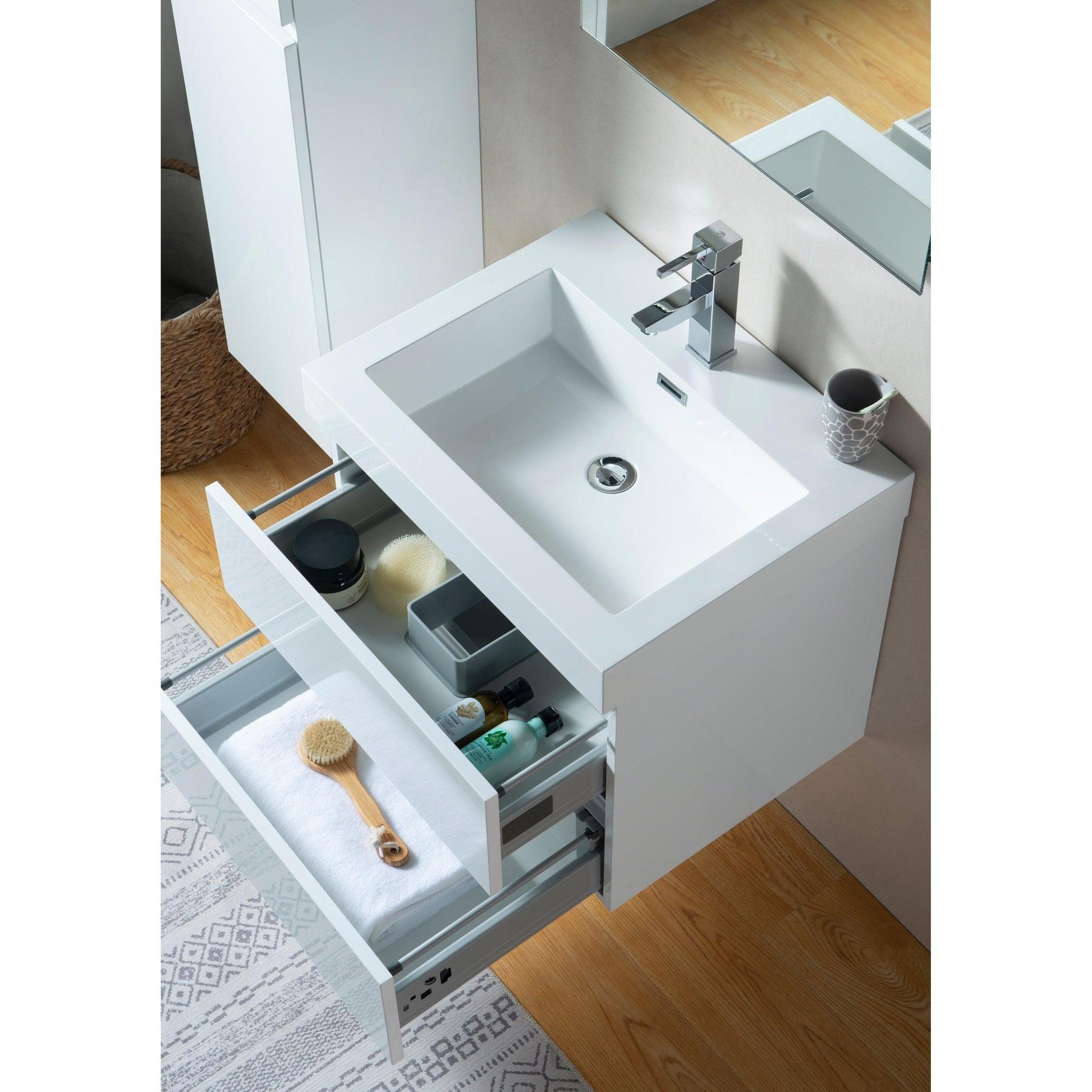 Vanity Art Annecy 24" Glossy White Wall Mounted LED Lighted Vanity Set With White Engineered Stone Top and Integrated Single Sink