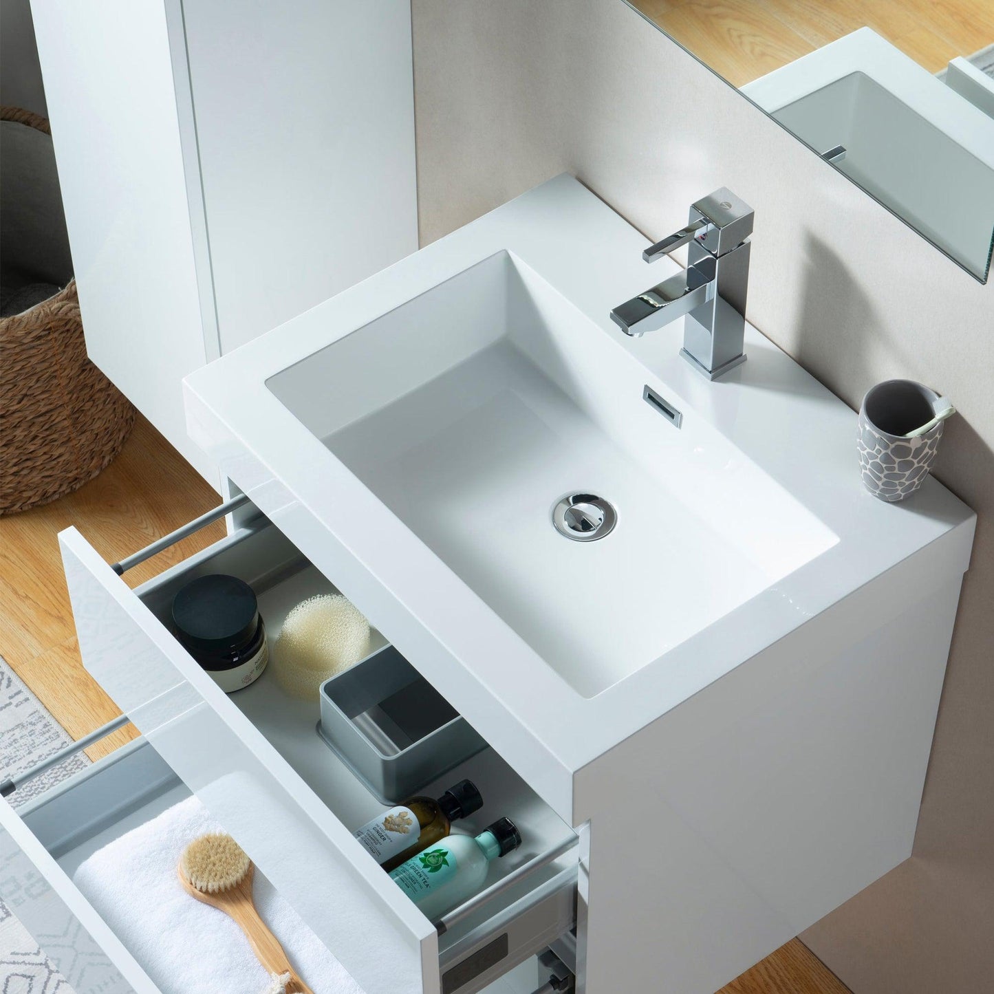 Vanity Art Annecy 24" Glossy White Wall Mounted Vanity Set With White Engineered Stone Top and Integrated Single Sink