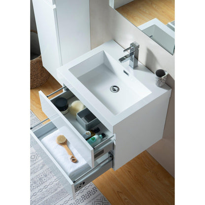 Vanity Art Annecy 24" Glossy White Wall Mounted Vanity Set With White Engineered Stone Top and Integrated Single Sink