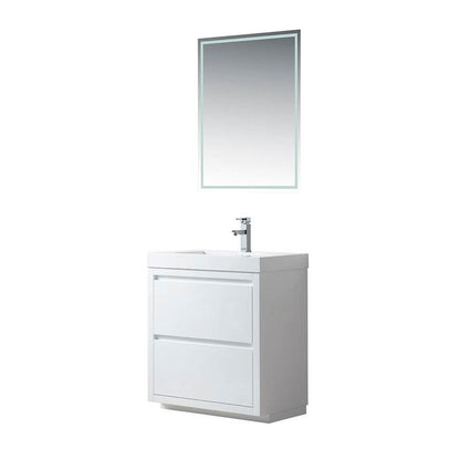 Vanity Art Annecy 30" Glossy White Floor Standing Wall Mounted Vanity Set With White Engineered Stone Top, Integrated Single Sink, Mirror
