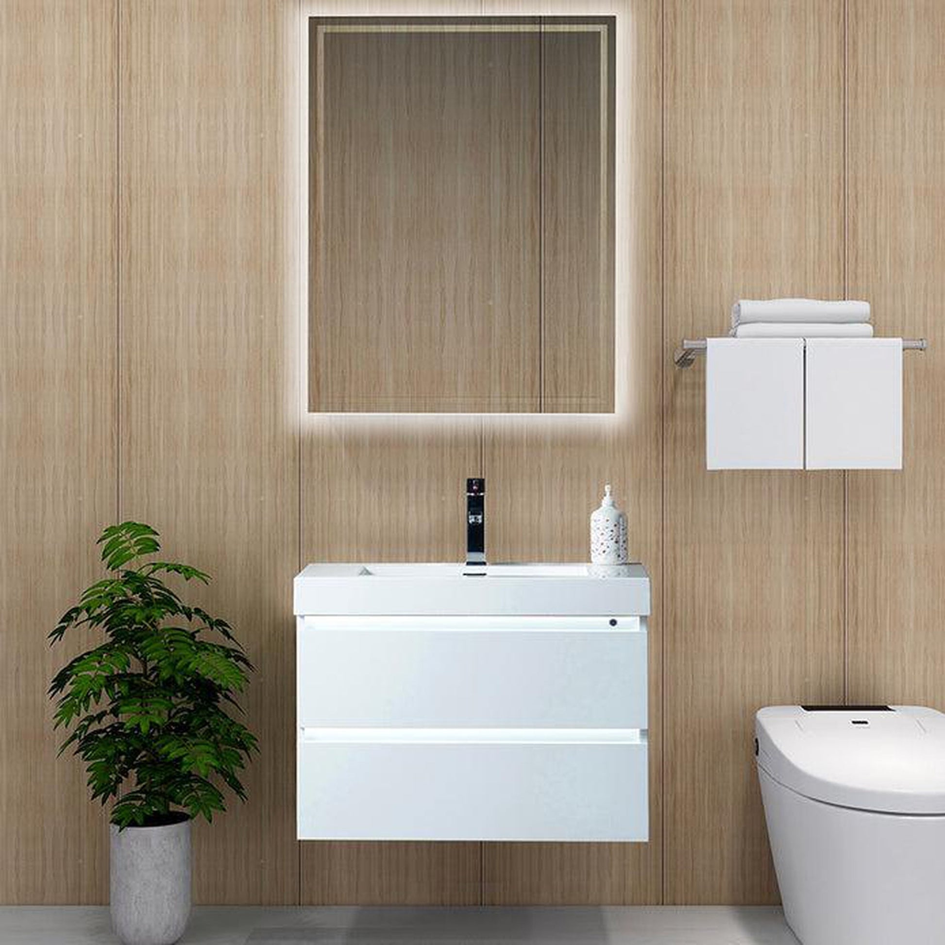 Vanity Art Annecy 30" Glossy White Wall Mounted LED Lighted Vanity Set With White Engineered Stone Top, Integrated Single Sink, Cabinet and Mirror
