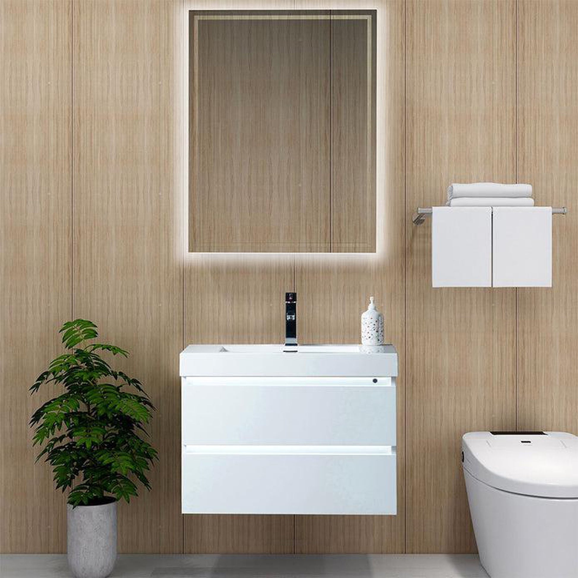 Vanity Art Annecy 30" Glossy White Wall Mounted Vanity Set With White Engineered Stone Top, Integrated Single Sink, Cabinet and Mirror