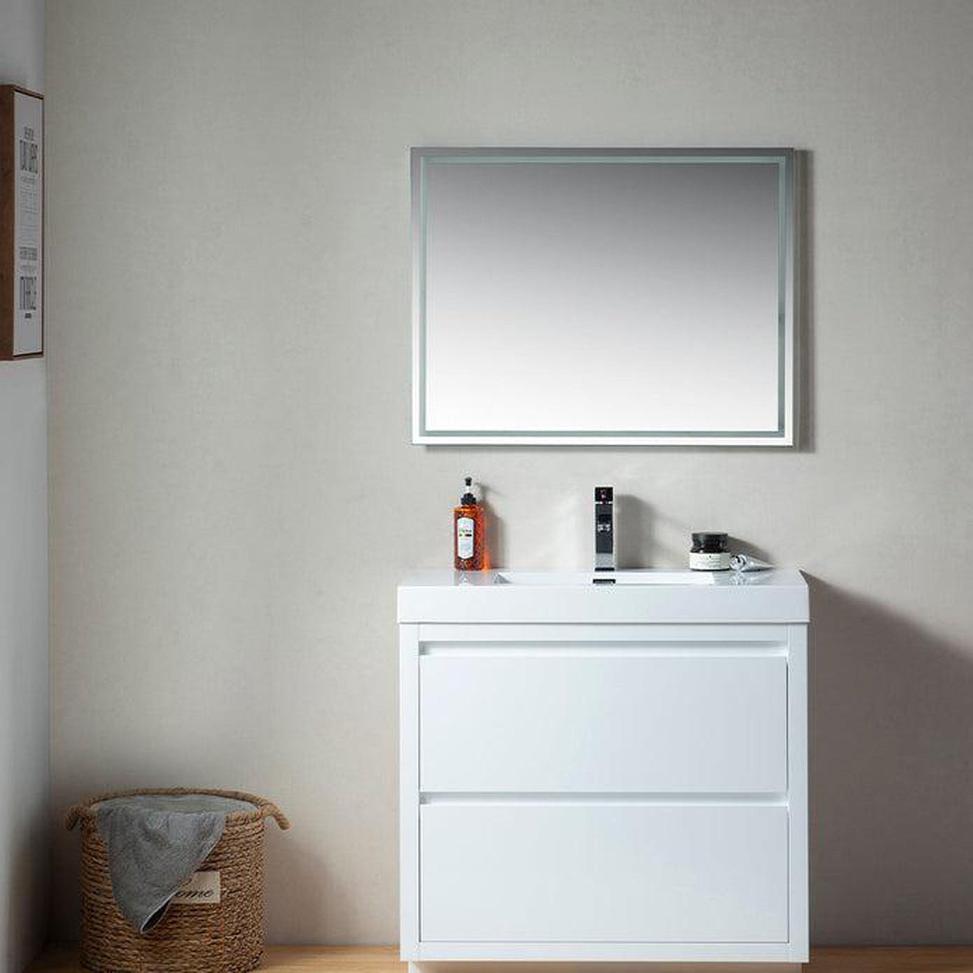Vanity Art Annecy 36" Glossy White Floor Standing Wall Mounted Vanity Set With White Engineered Stone Top, Integrated Single Sink, and Mirror