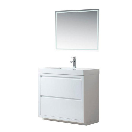 Vanity Art Annecy 36" Glossy White Floor Standing Wall Mounted Vanity Set With White Engineered Stone Top, Integrated Single Sink, and Mirror