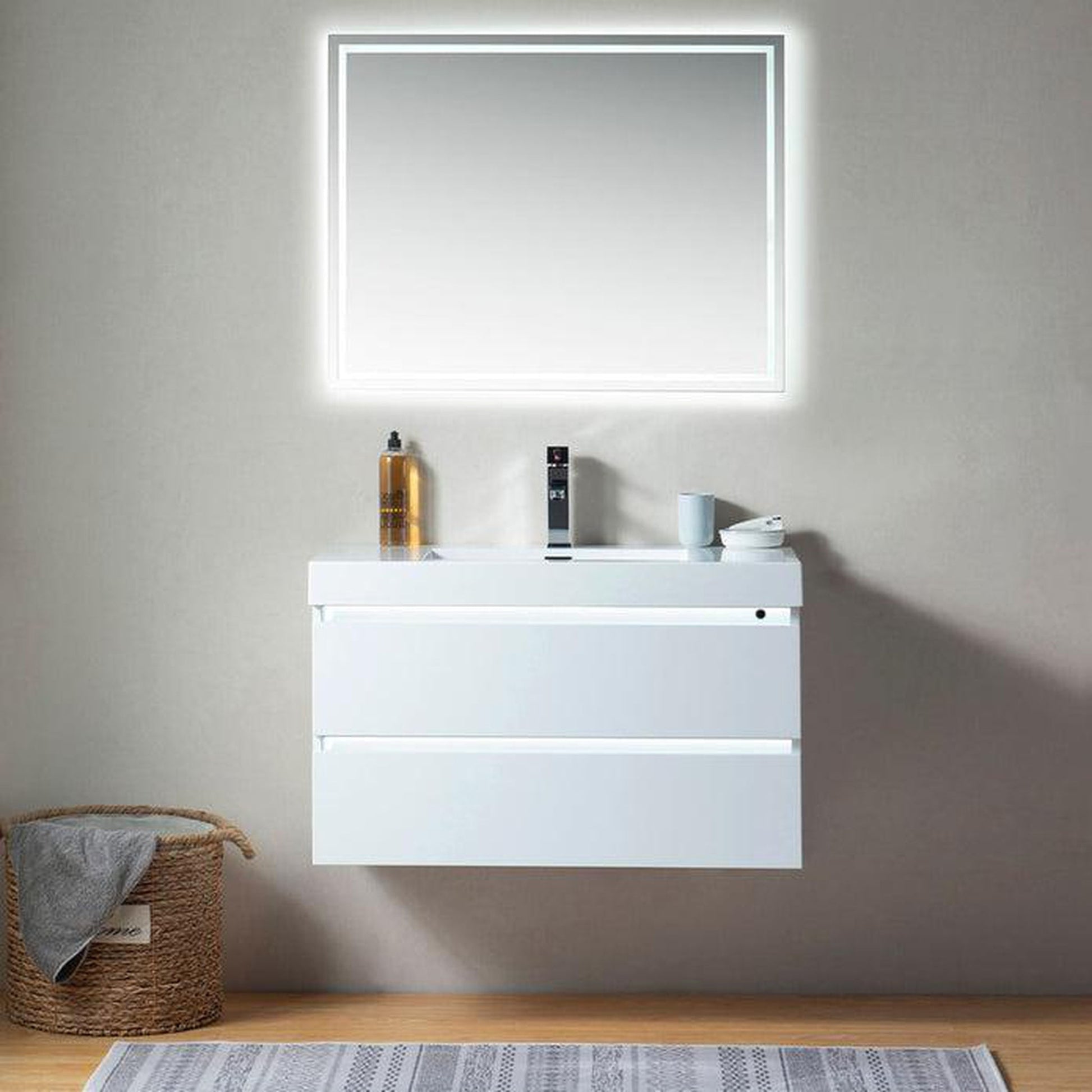 Vanity Art Annecy 36" Glossy White Wall Mounted Vanity Set With White Engineered Stone Top, Integrated Single Sink, and Mirror