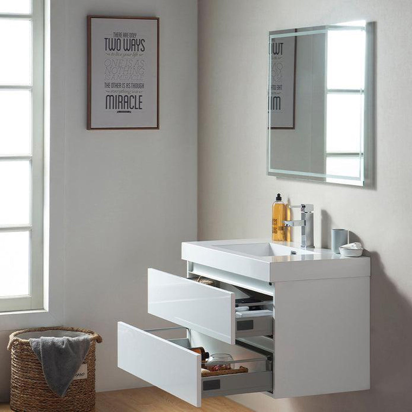 Vanity Art Annecy 36" Glossy White Wall Mounted Vanity Set With White Engineered Stone Top, Integrated Single Sink, and Mirror