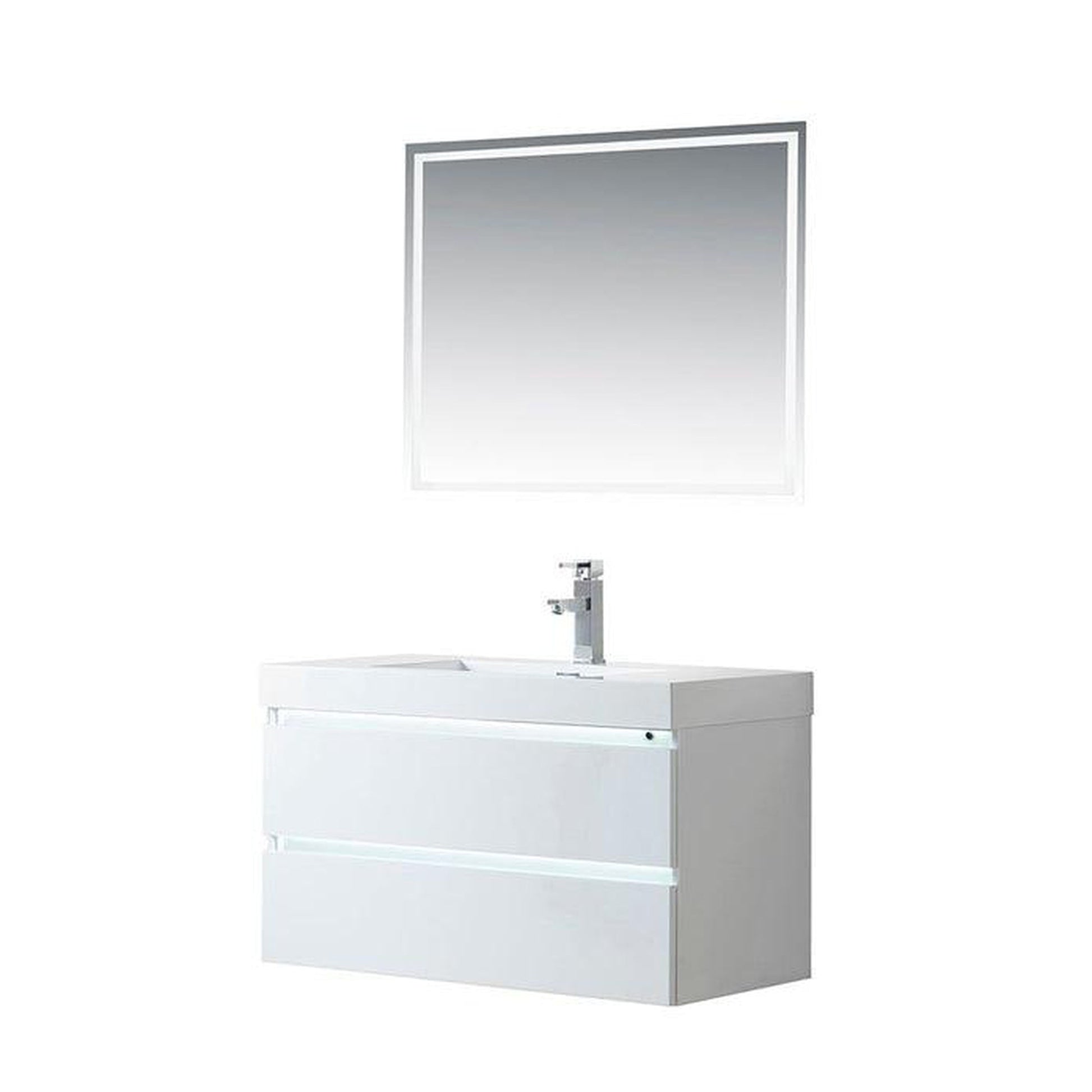 Vanity Art Annecy 36" Glossy White Wall Mounted Vanity Set With White Engineered Stone Top, Integrated Single Sink, and Mirror