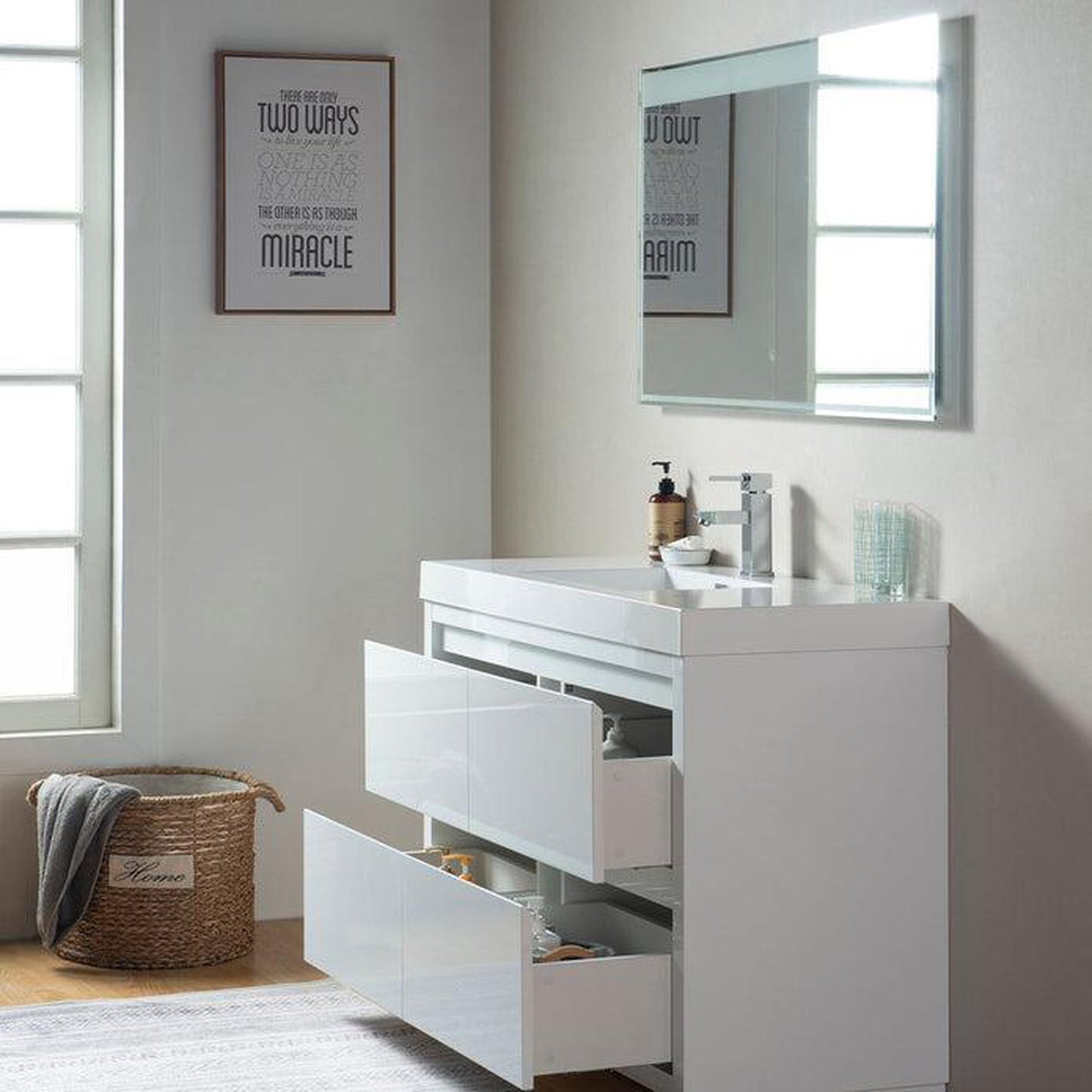 Vanity Art Annecy 48" Glossy White Floor Standing Wall Mounted Vanity Set With White Engineered Stone Top and Integrated Single Sink