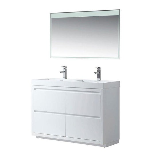Vanity Art Annecy 48" Glossy White Floor Standing Wall Mounted Vanity Set With White Engineered Stone Top and Integrated Single Sink