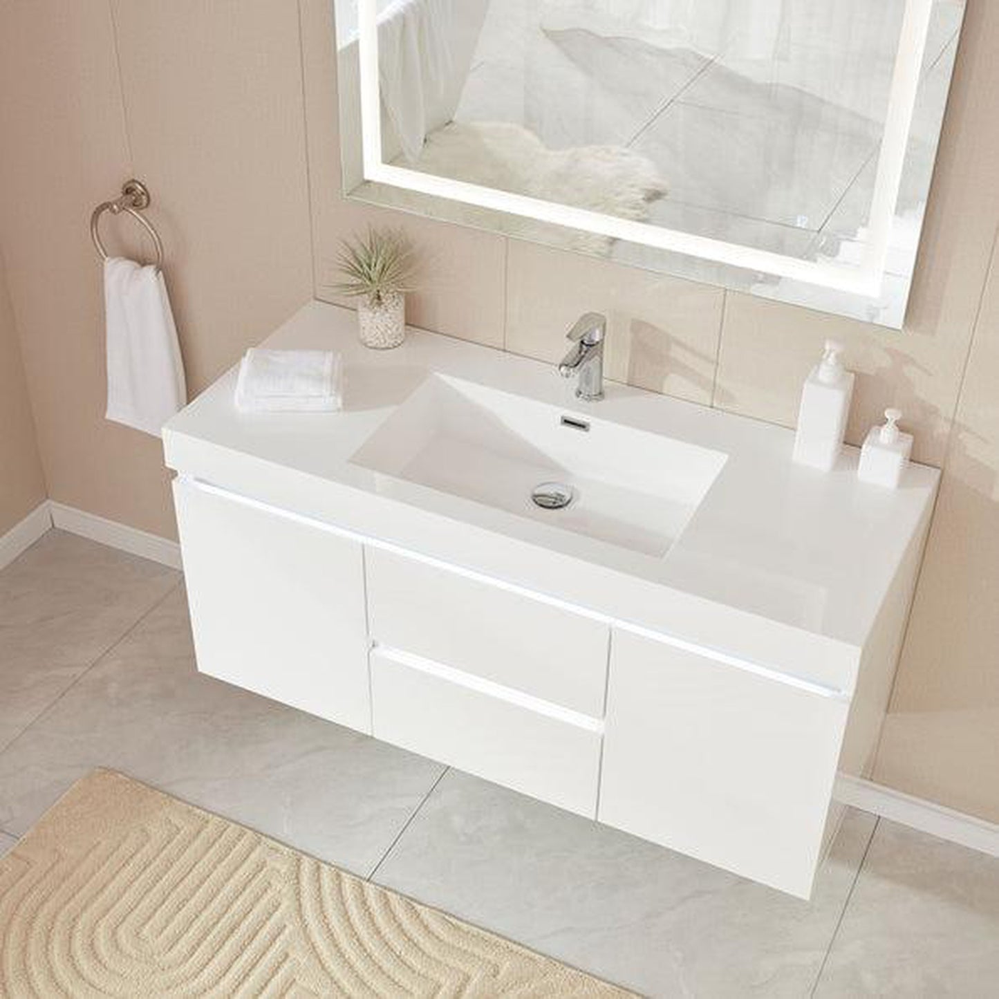 Vanity Art Annecy 48" Glossy White Wall Mounted LED Lighted Vanity Set With White Engineered Stone Top and Integrated Single Sink