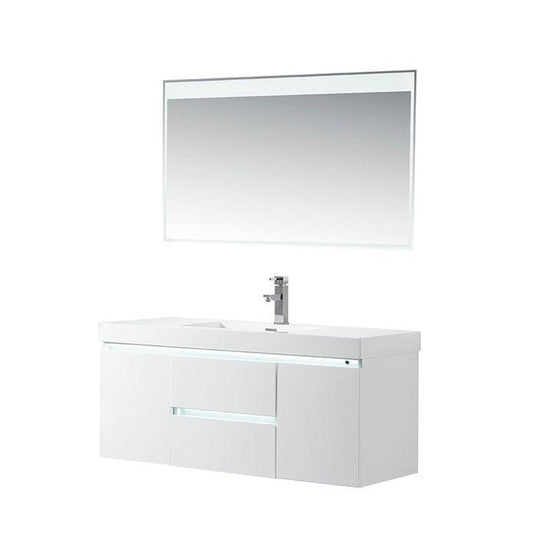 Vanity Art Annecy 48" Glossy White Wall Mounted LED Lighted Vanity Set With White Engineered Stone Top and Integrated Single Sink
