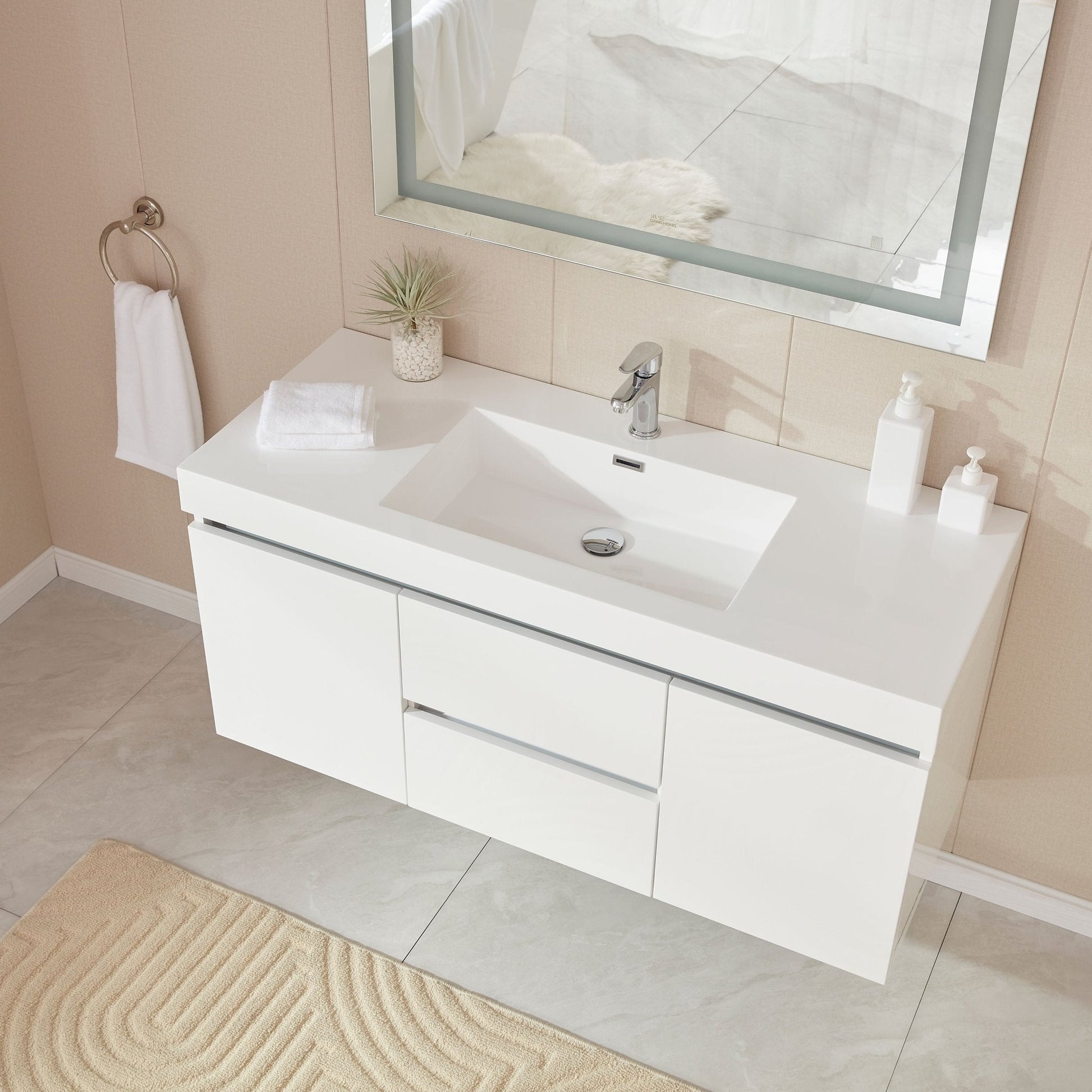 Vanity Art Annecy 48" Glossy White Wall Mounted Vanity Set With White Engineered Stone Top and Integrated Single Sink