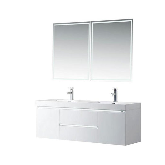Vanity Art Annecy 60" Glossy White Floor Standing Wall Mounted Vanity Set With White Engineered Stone Top and Integrated Double Sink