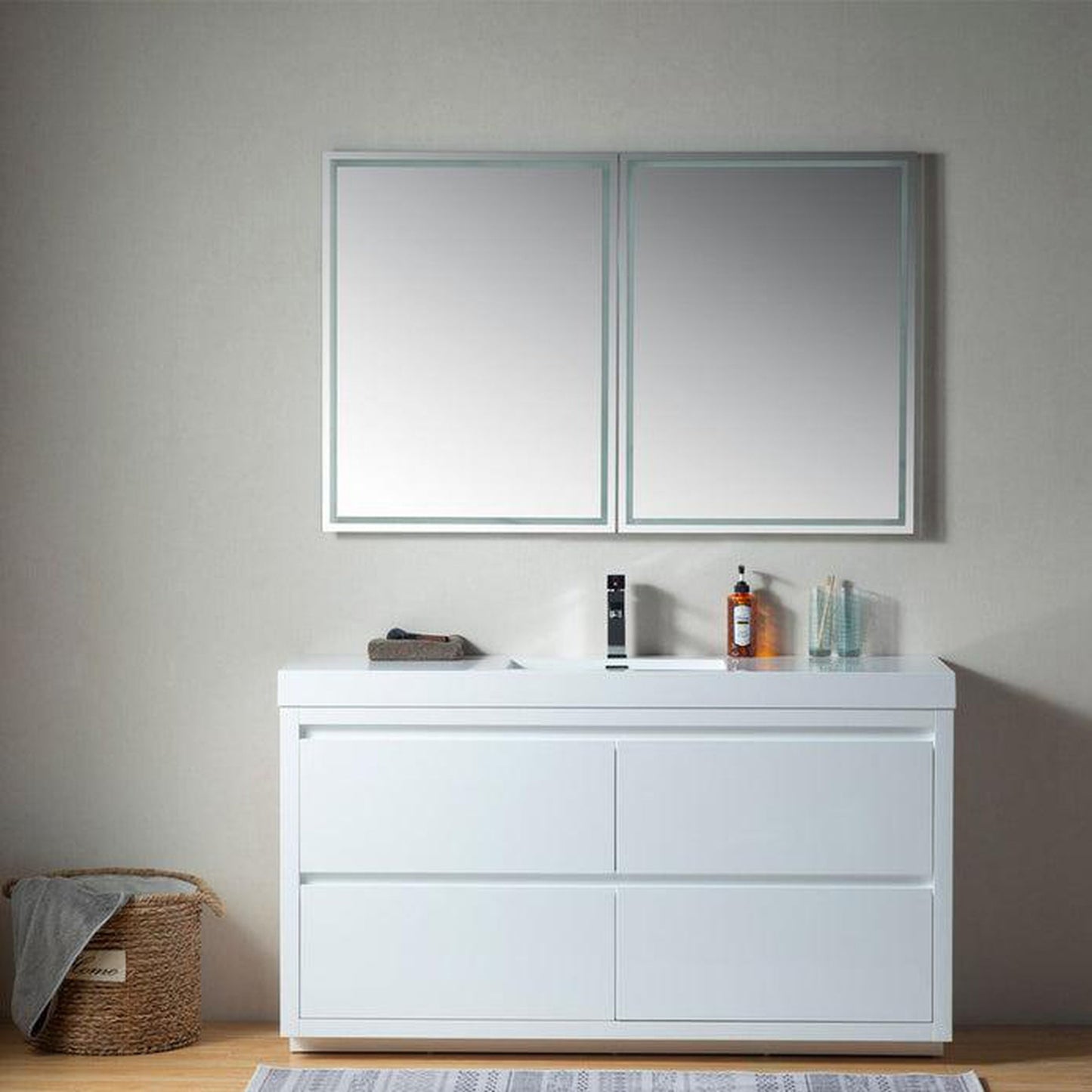 Vanity Art Annecy 60" Glossy White Floor Standing Wall Mounted Vanity Set With White Engineered Stone Top and Integrated Single Sink