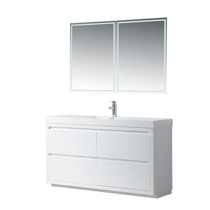 Vanity Art Annecy 60" Glossy White Floor Standing Wall Mounted Vanity Set With White Engineered Stone Top and Integrated Single Sink