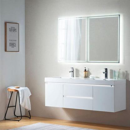 Vanity Art Annecy 60" Glossy White Wall Mounted LED Lighted Vanity Set With White Engineered Stone Top and Integrated Double Sink