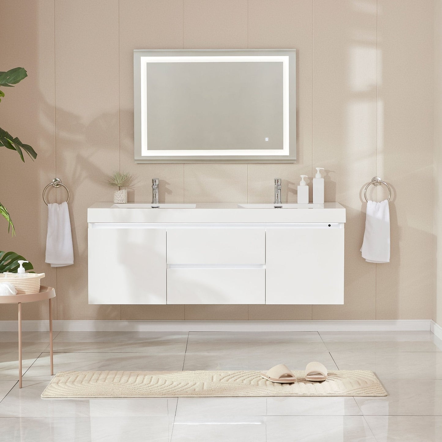 Vanity Art Annecy 60" Glossy White Wall Mounted LED Lighted Vanity Set With White Engineered Stone Top and Integrated Double Sink