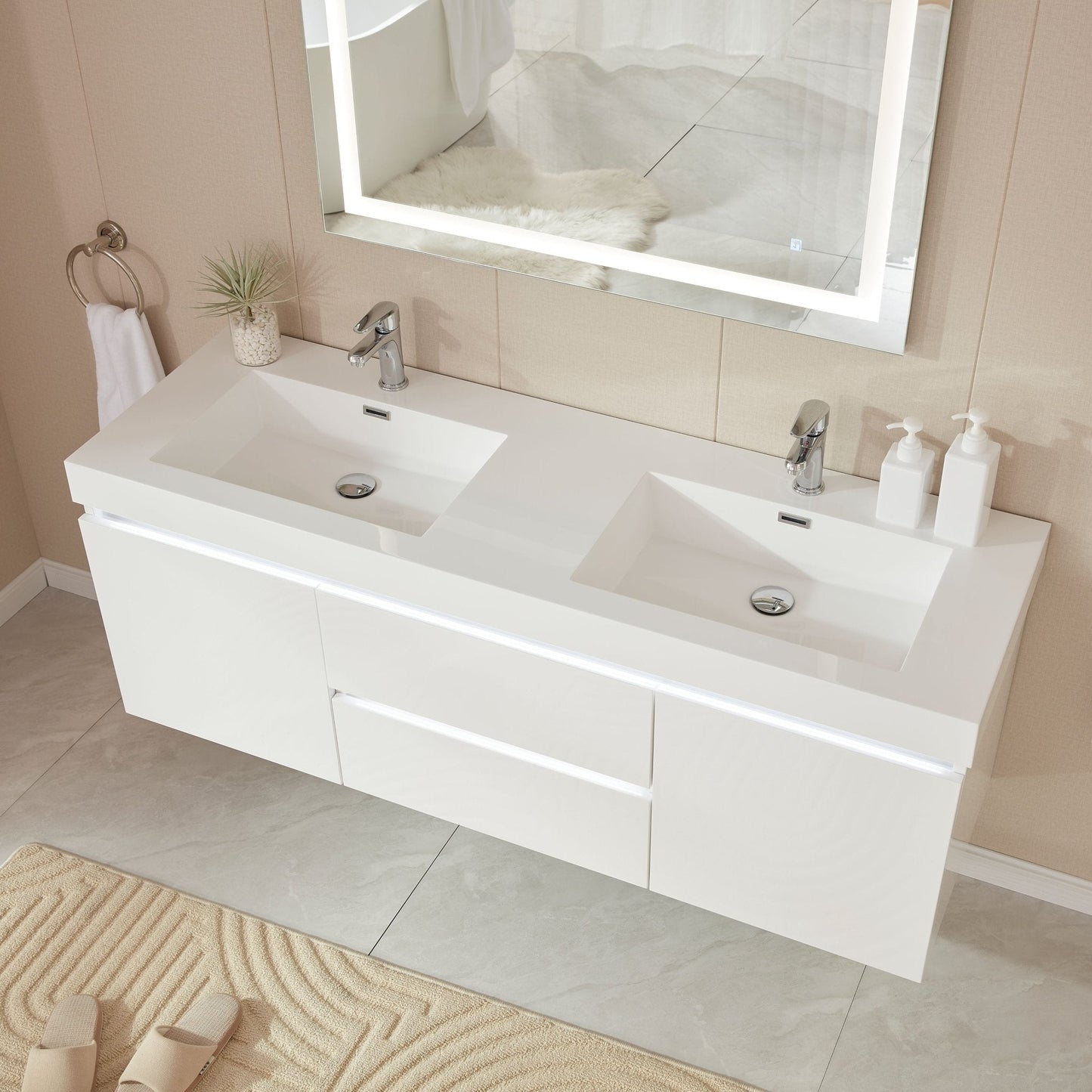 Vanity Art Annecy 60" Glossy White Wall Mounted LED Lighted Vanity Set With White Engineered Stone Top and Integrated Double Sink