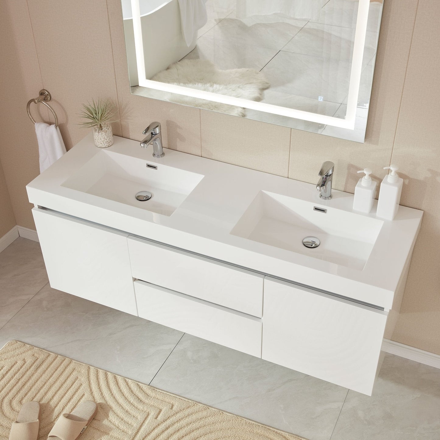 Vanity Art Annecy 60" Glossy White Wall Mounted LED Lighted Vanity Set With White Engineered Stone Top and Integrated Double Sink