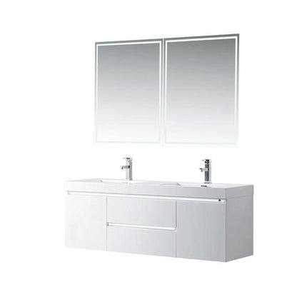 Vanity Art Annecy 60" Glossy White Wall Mounted LED Lighted Vanity Set With White Engineered Stone Top and Integrated Double Sink