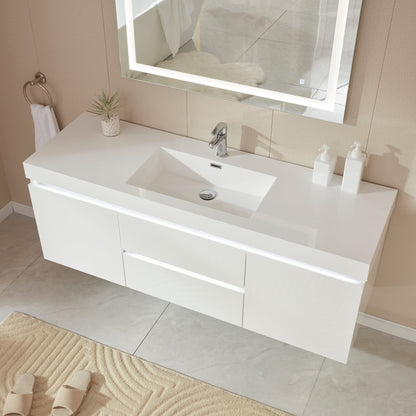 Vanity Art Annecy 60" Glossy White Wall Mounted LED Lighted Vanity Set With White Engineered Stone Top and Integrated Single Sink