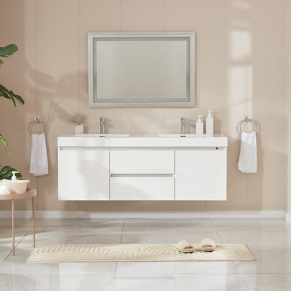 Vanity Art Annecy 60" Glossy White Wall Mounted Vanity Set With White Engineered Stone Top and Integrated Double Sink