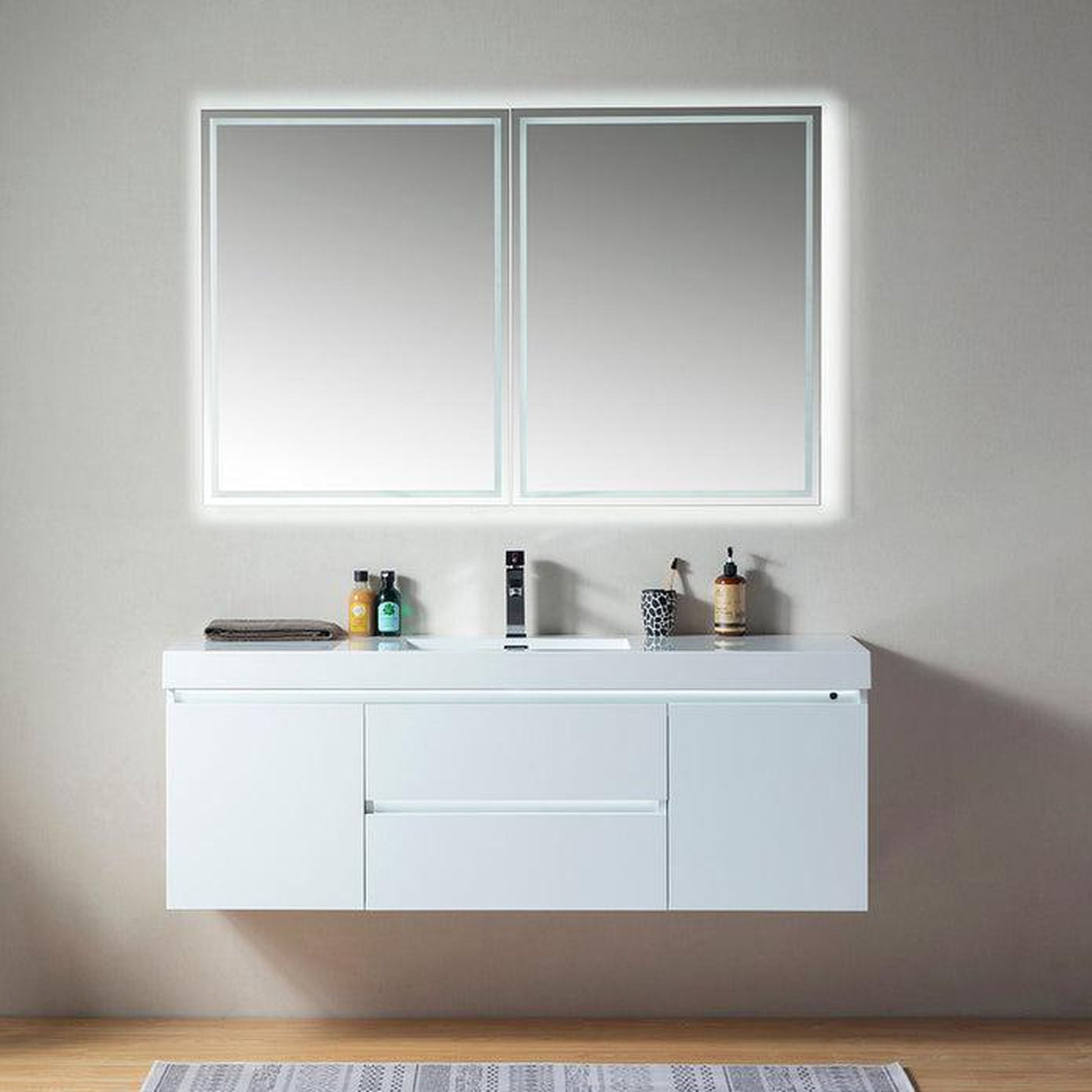Vanity Art Annecy 60" Glossy White Wall Mounted Vanity Set With White Engineered Stone Top and Integrated Single Sink