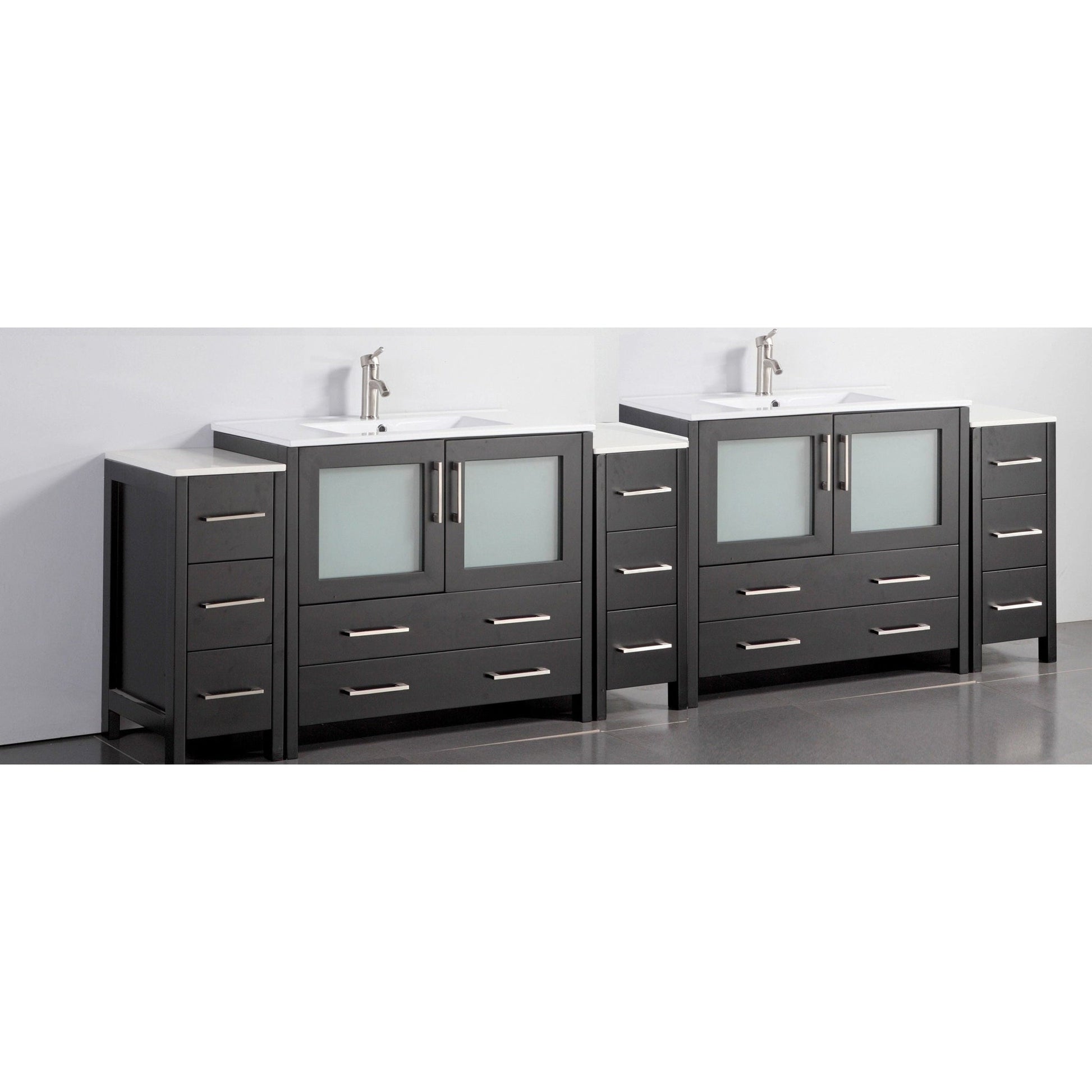 Vanity Art Brescia 108" Double Espresso Freestanding Modern Bathroom Vanity Set With Integrated Ceramic Sink, 2 Shelves, 13 Dovetail Drawers and 2 Mirrors