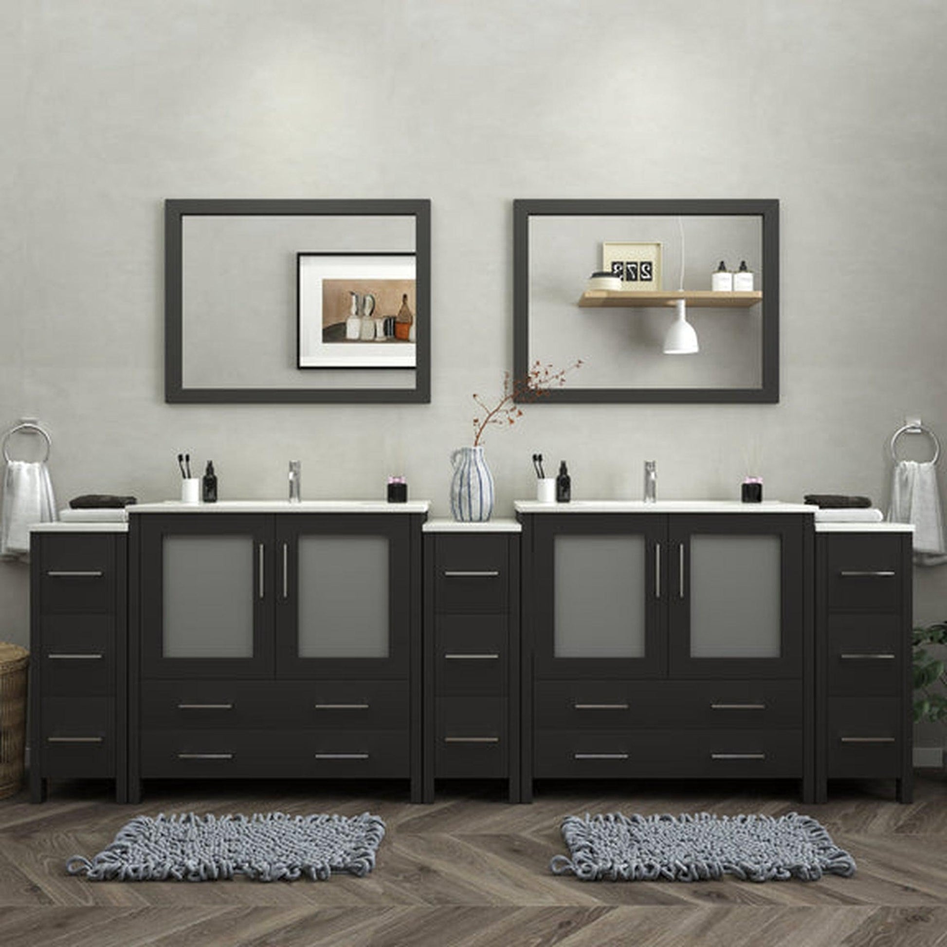 Vanity Art Brescia 108" Double Espresso Freestanding Modern Bathroom Vanity Set With Integrated Ceramic Sink, 2 Shelves, 13 Dovetail Drawers and 2 Mirrors