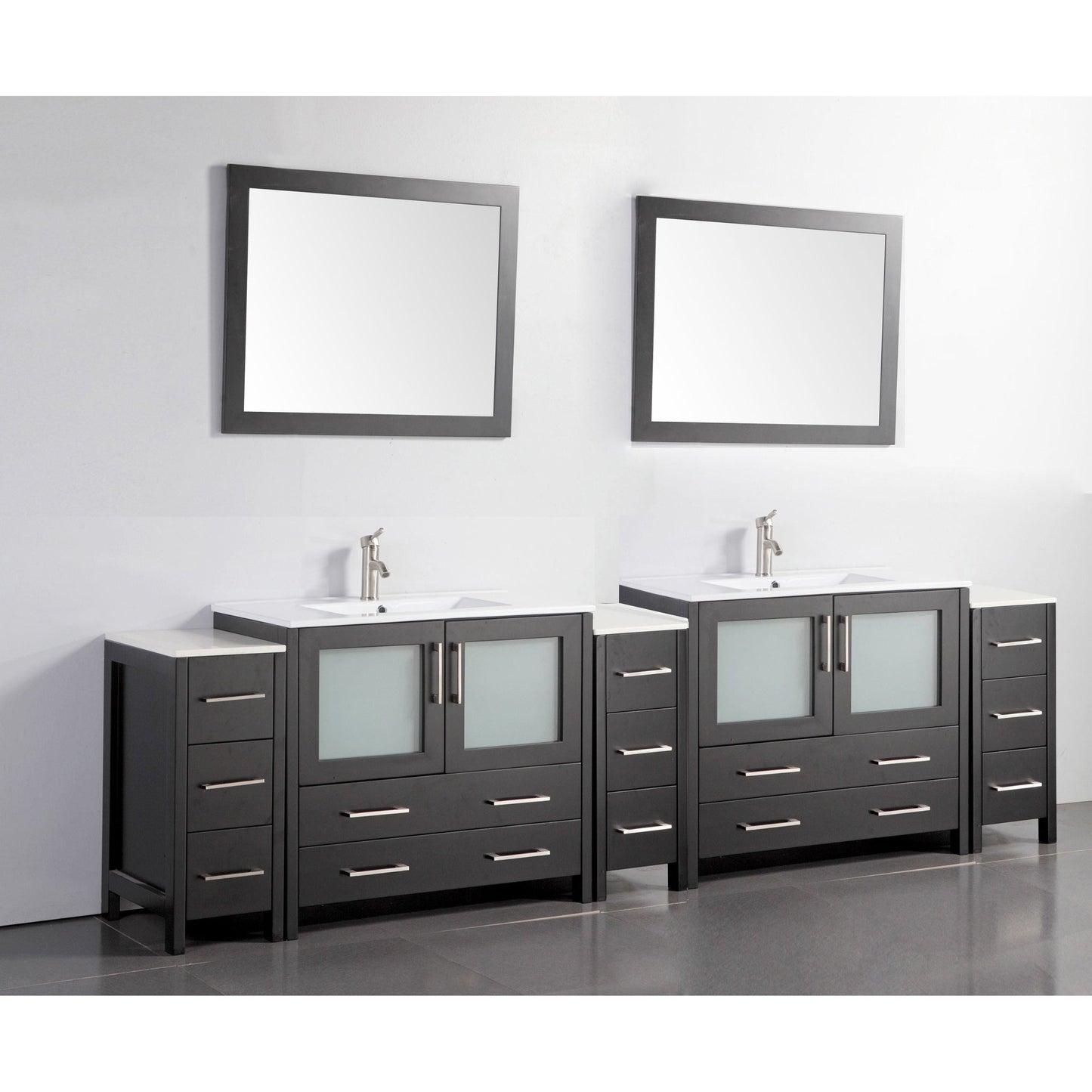 Vanity Art Brescia 108" Double Espresso Freestanding Modern Bathroom Vanity Set With Integrated Ceramic Sink, 2 Shelves, 13 Dovetail Drawers and 2 Mirrors