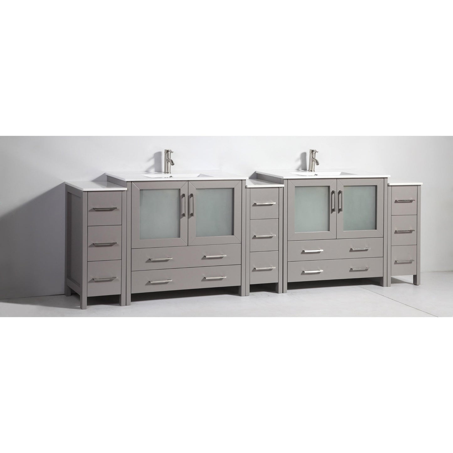 Vanity Art Brescia 108" Double Gray Freestanding Modern Bathroom Vanity Set With Integrated Ceramic Sink, 2 Shelves, 13 Dovetail Drawers and 2 Mirrors