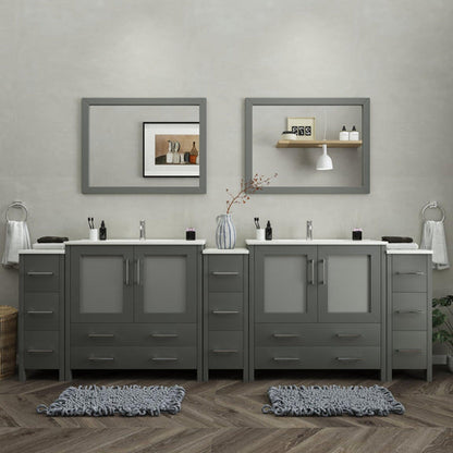 Vanity Art Brescia 108" Double Gray Freestanding Modern Bathroom Vanity Set With Integrated Ceramic Sink, 2 Shelves, 13 Dovetail Drawers and 2 Mirrors