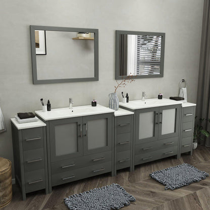 Vanity Art Brescia 108" Double Gray Freestanding Modern Bathroom Vanity Set With Integrated Ceramic Sink, 2 Shelves, 13 Dovetail Drawers and 2 Mirrors