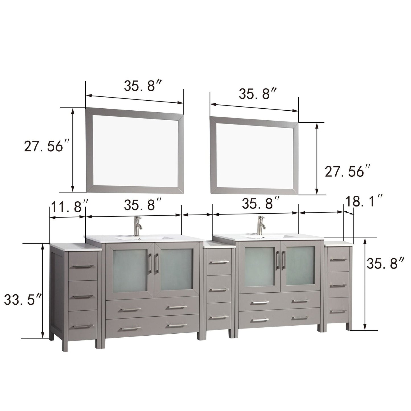 Vanity Art Brescia 108" Double Gray Freestanding Modern Bathroom Vanity Set With Integrated Ceramic Sink, 2 Shelves, 13 Dovetail Drawers and 2 Mirrors