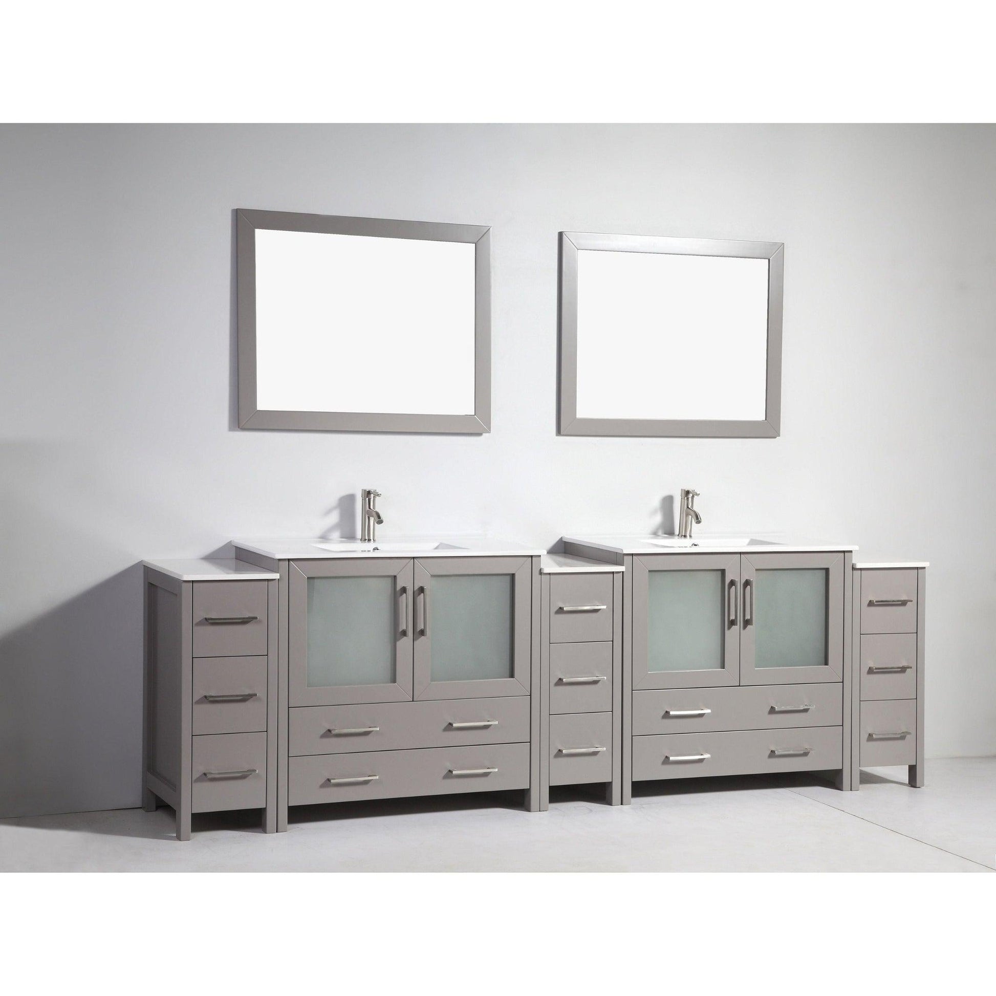 Vanity Art Brescia 108" Double Gray Freestanding Modern Bathroom Vanity Set With Integrated Ceramic Sink, 2 Shelves, 13 Dovetail Drawers and 2 Mirrors