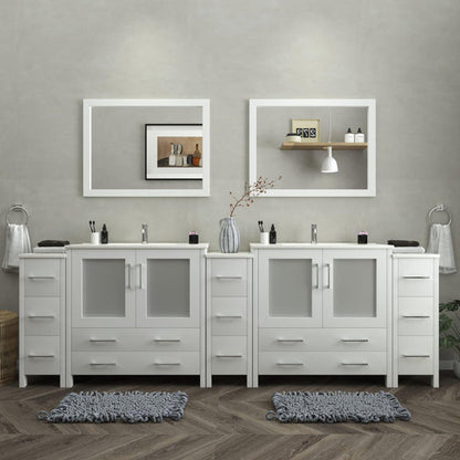 Vanity Art Brescia 108" Double White Freestanding Modern Bathroom Vanity Set With Integrated Ceramic Sink, 2 Shelves, 13 Dovetail Drawers and 2 Mirrors