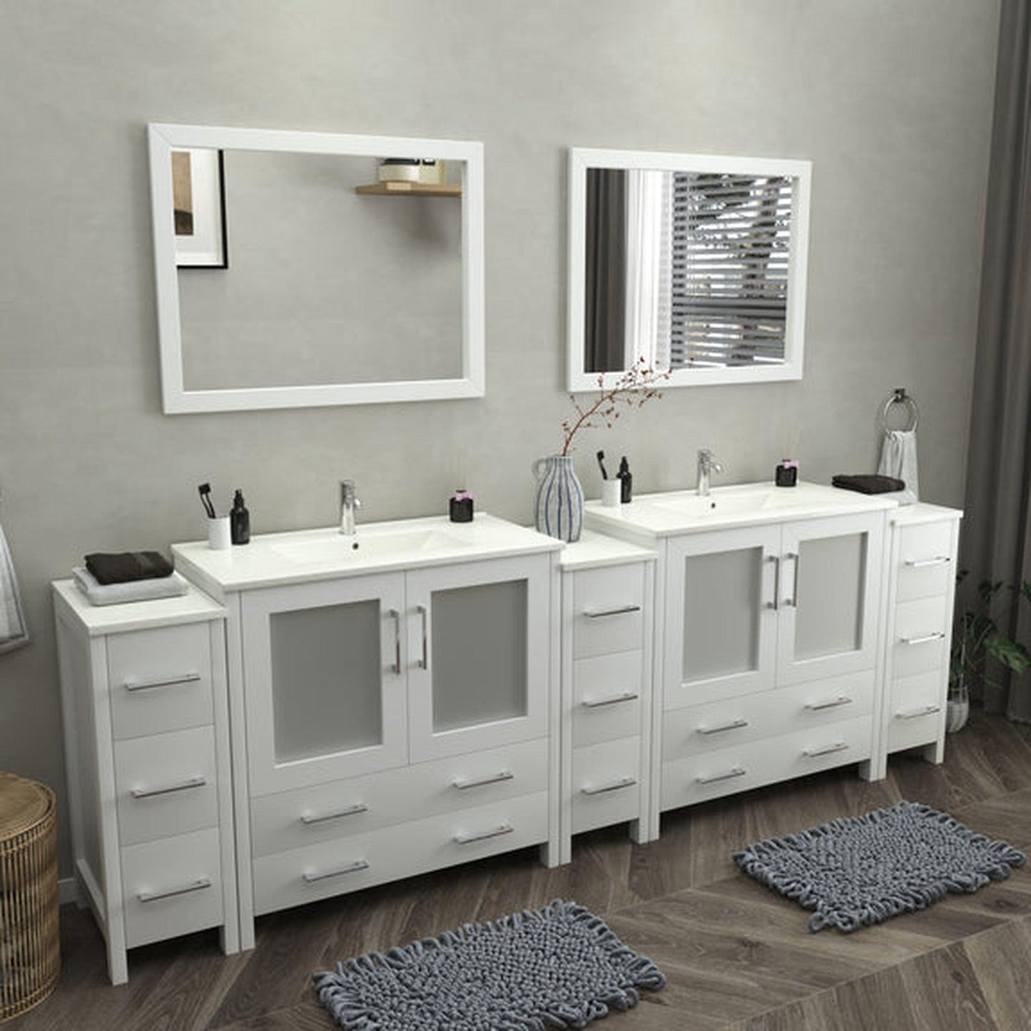 Vanity Art Brescia 108" Double White Freestanding Modern Bathroom Vanity Set With Integrated Ceramic Sink, 2 Shelves, 13 Dovetail Drawers and 2 Mirrors