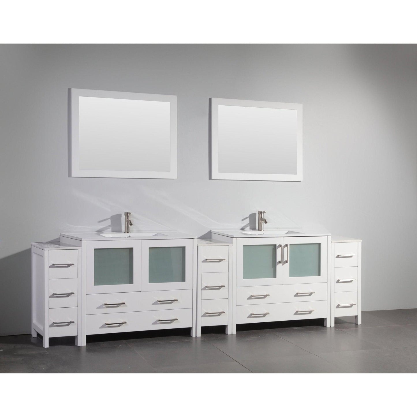 Vanity Art Brescia 108" Double White Freestanding Modern Bathroom Vanity Set With Integrated Ceramic Sink, 2 Shelves, 13 Dovetail Drawers and 2 Mirrors