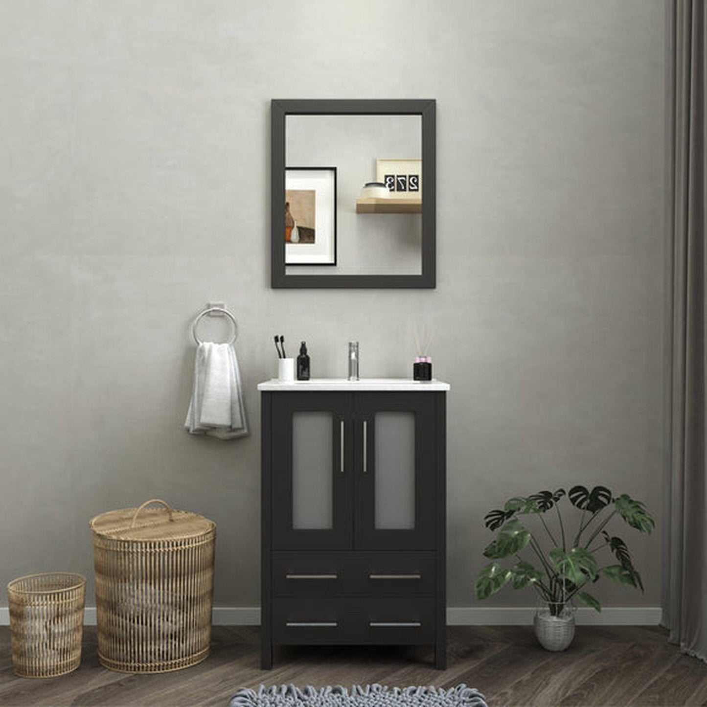 Vanity Art Brescia 24" Single Espresso Freestanding Vanity Set With Integrated Ceramic Sink, 1 Shelf, 2 Dovetail Drawers and Mirror