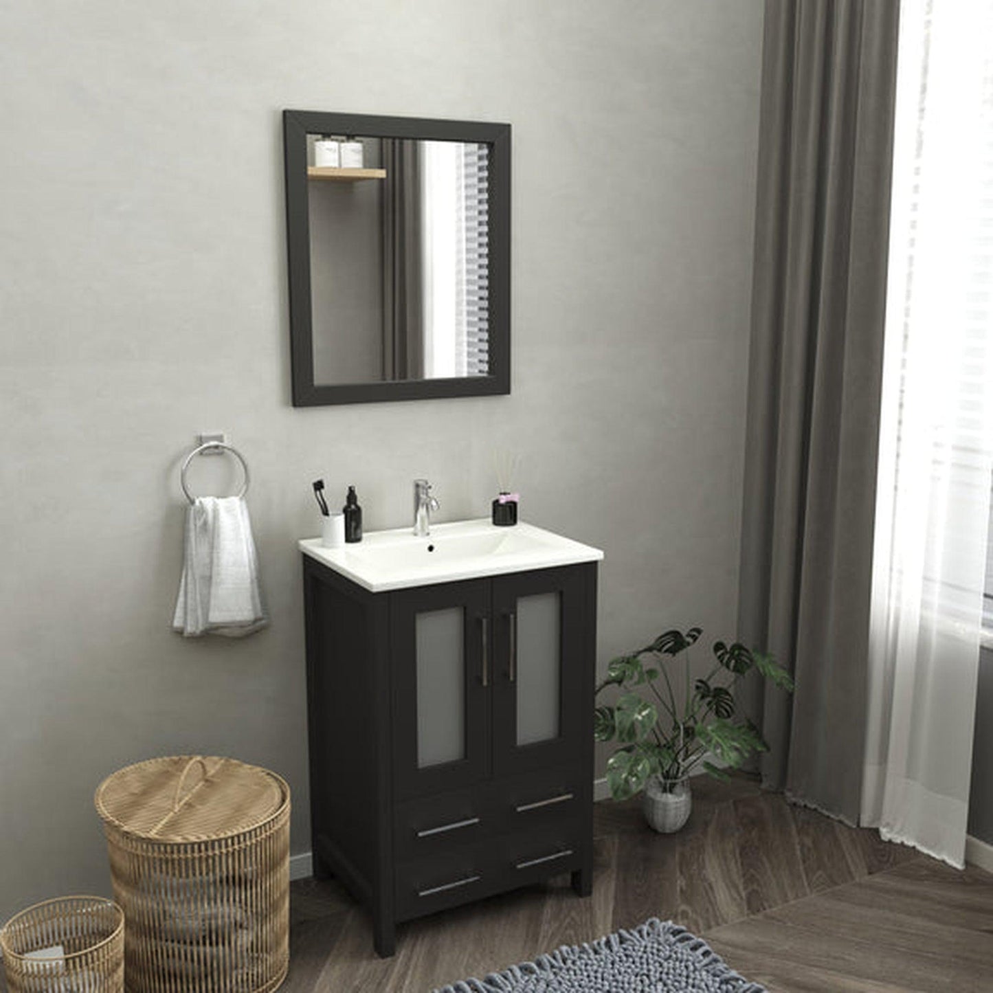 Vanity Art Brescia 24" Single Espresso Freestanding Vanity Set With Integrated Ceramic Sink, 1 Shelf, 2 Dovetail Drawers and Mirror