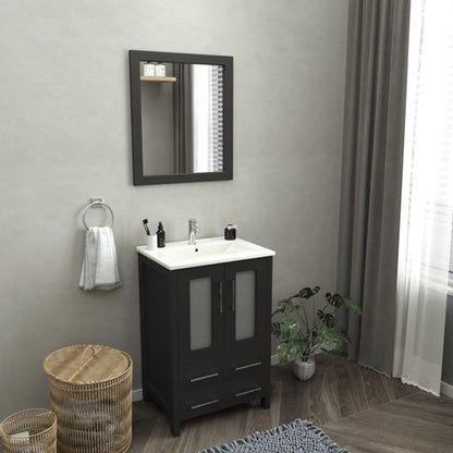 Vanity Art Brescia 24" Single Espresso Freestanding Vanity Set With Integrated Ceramic Sink, 1 Shelf, 2 Dovetail Drawers and Mirror