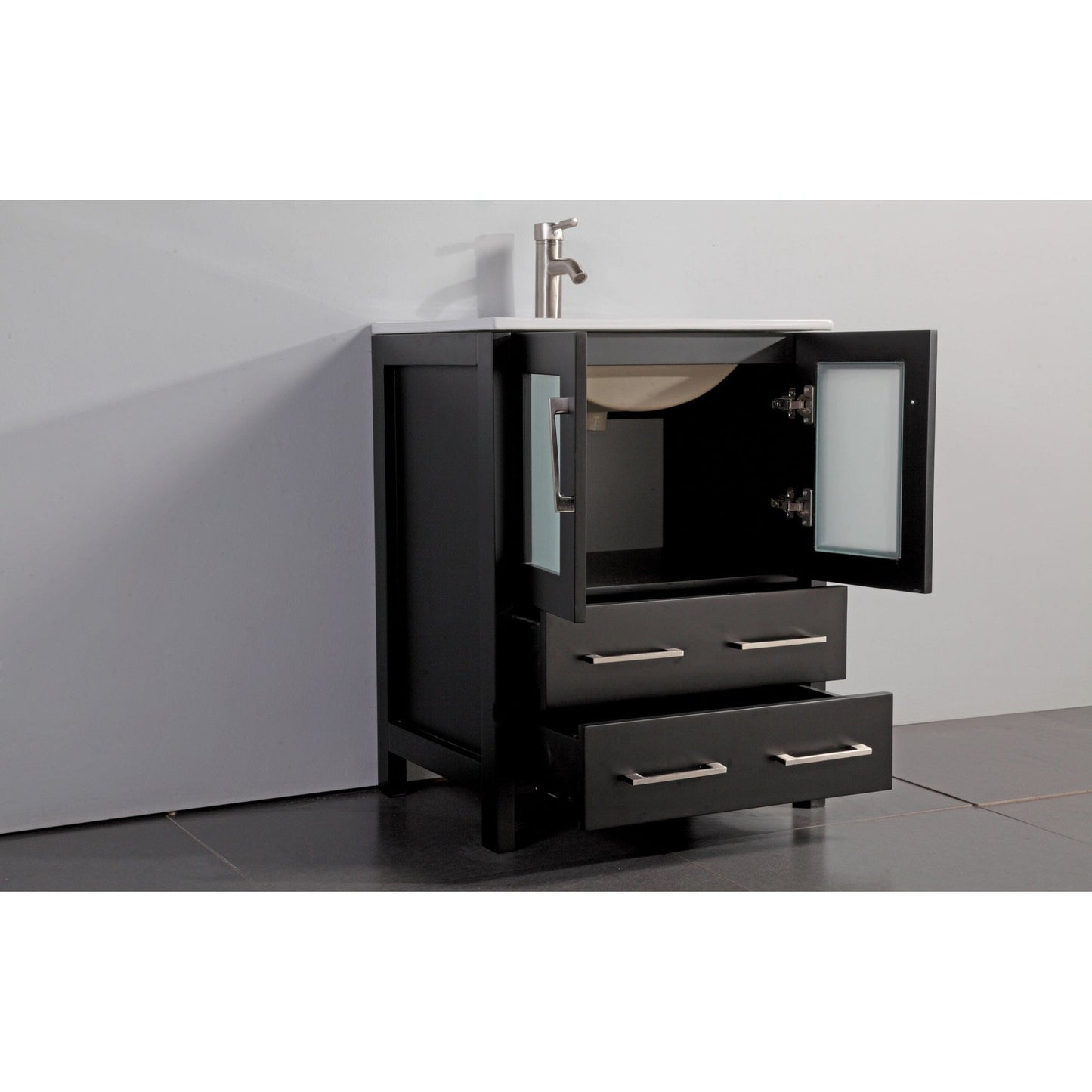 Vanity Art Brescia 24" Single Espresso Freestanding Vanity Set With Integrated Ceramic Sink, 1 Shelf, 2 Dovetail Drawers and Mirror