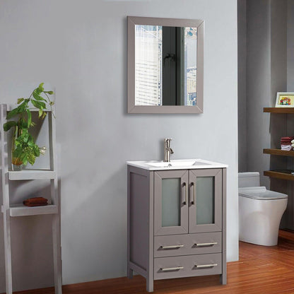 Vanity Art Brescia 24" Single Gray Freestanding Vanity Set With Integrated Ceramic Sink, 1 Shelf, 2 Dovetail Drawers and Mirror