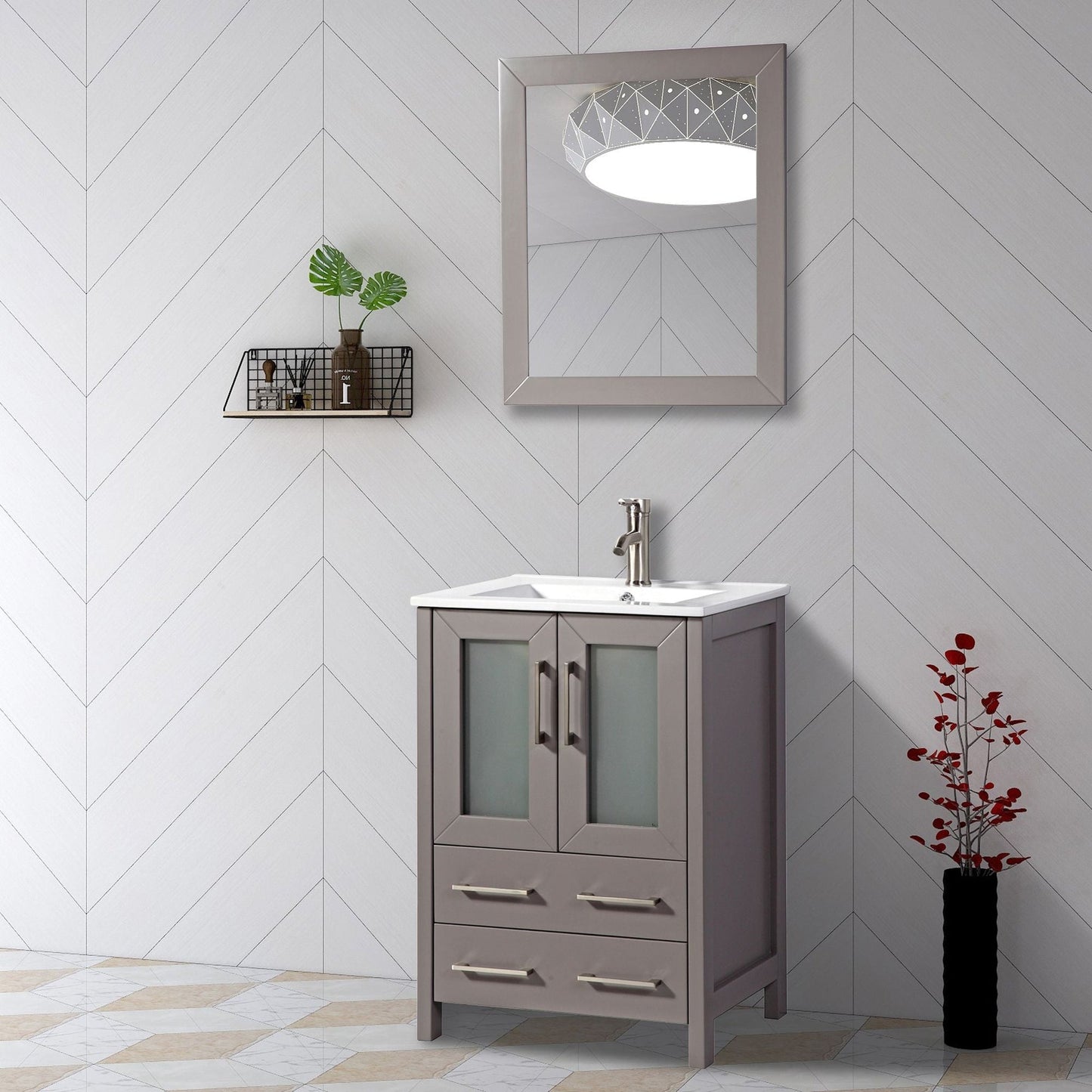 Vanity Art Brescia 24" Single Gray Freestanding Vanity Set With Integrated Ceramic Sink, 1 Shelf, 2 Dovetail Drawers and Mirror